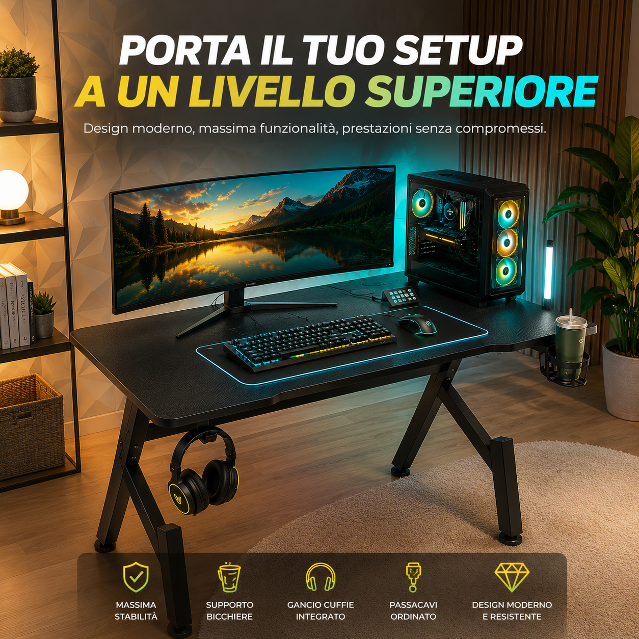 scrivania gaming 80x50x75h cm effetto fibra di carbonio con portabicchiere, gancio cuffie e passacavi - foto 3 scrivania gaming 80x50x75h cm effetto fibra di carbonio con portabicchiere, gancio cuffie e passacavi - foto 3
