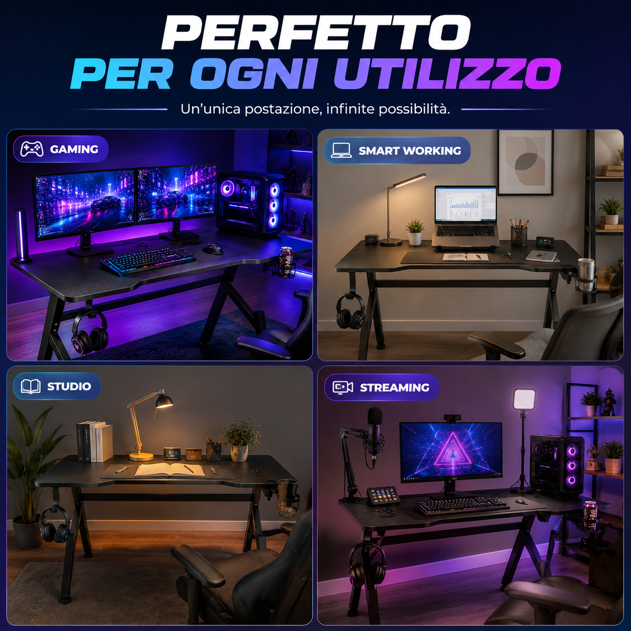 scrivania gaming 80x50x75h cm effetto fibra di carbonio con portabicchiere, gancio cuffie e passacavi - foto 4 scrivania gaming 80x50x75h cm effetto fibra di carbonio con portabicchiere, gancio cuffie e passacavi - foto 4