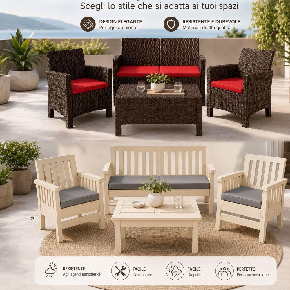 set salotto da giardino esterno 4 pezzi in resina effetto rattan con cuscini - foto 2 set salotto da giardino esterno 4 pezzi in resina effetto rattan con cuscini - foto 2