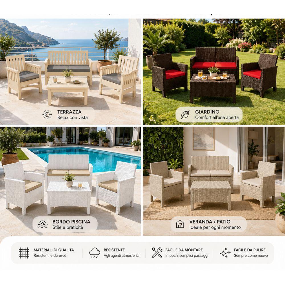 set salotto da giardino esterno 4 pezzi in resina effetto rattan con cuscini - foto 3 set salotto da giardino esterno 4 pezzi in resina effetto rattan con cuscini - foto 3