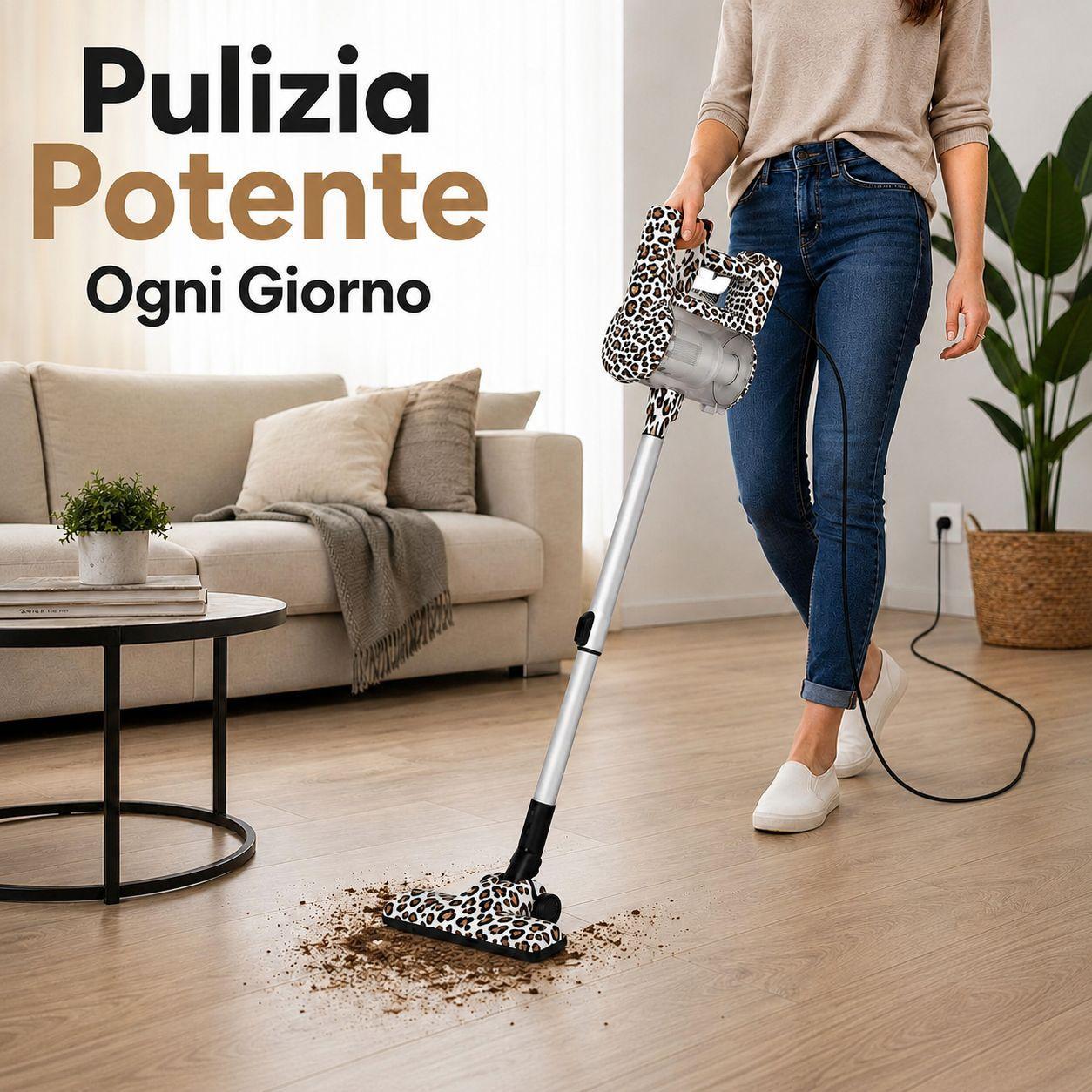 aspirapolvere con filo verticale moderno 4 fantasie animalier - foto 2 Aspirapolvere in uso su pavimento in salotto con persona che lo utilizza