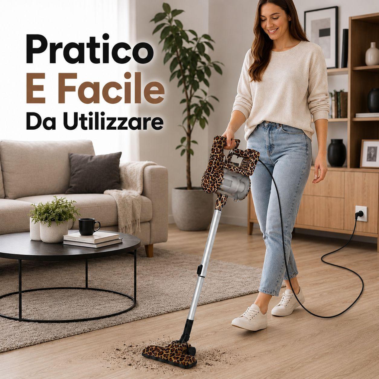 aspirapolvere con filo verticale moderno 4 fantasie animalier - foto 4 Aspirapolvere verticale con filo in uso, dettagli della fantasía animalier e funzionalità in azione