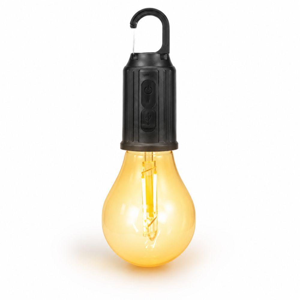 Lampada LED ricaricabile USB-C nero e giallo con gancio su sfondo bianco