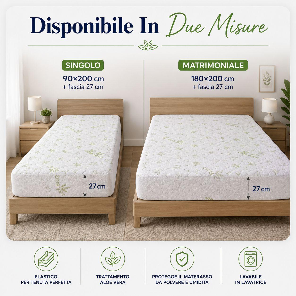 Layout comparativo taglie singolo e matrimoniale, 27 cm altezza, feature traspirazione aloe vera protezione igiene