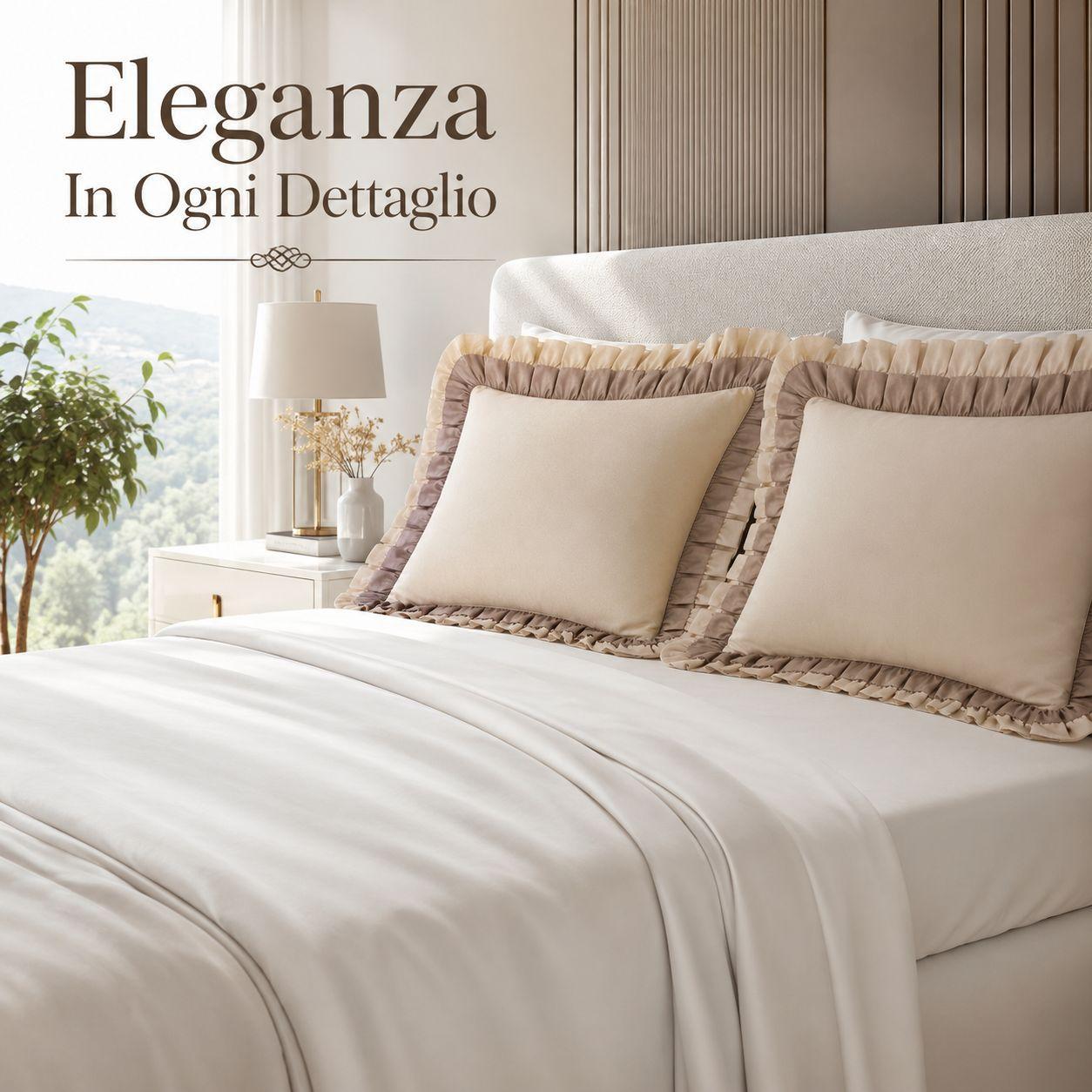 Coppia federe con doppia balza posizionata su letto, eleganza in ogni dettaglio