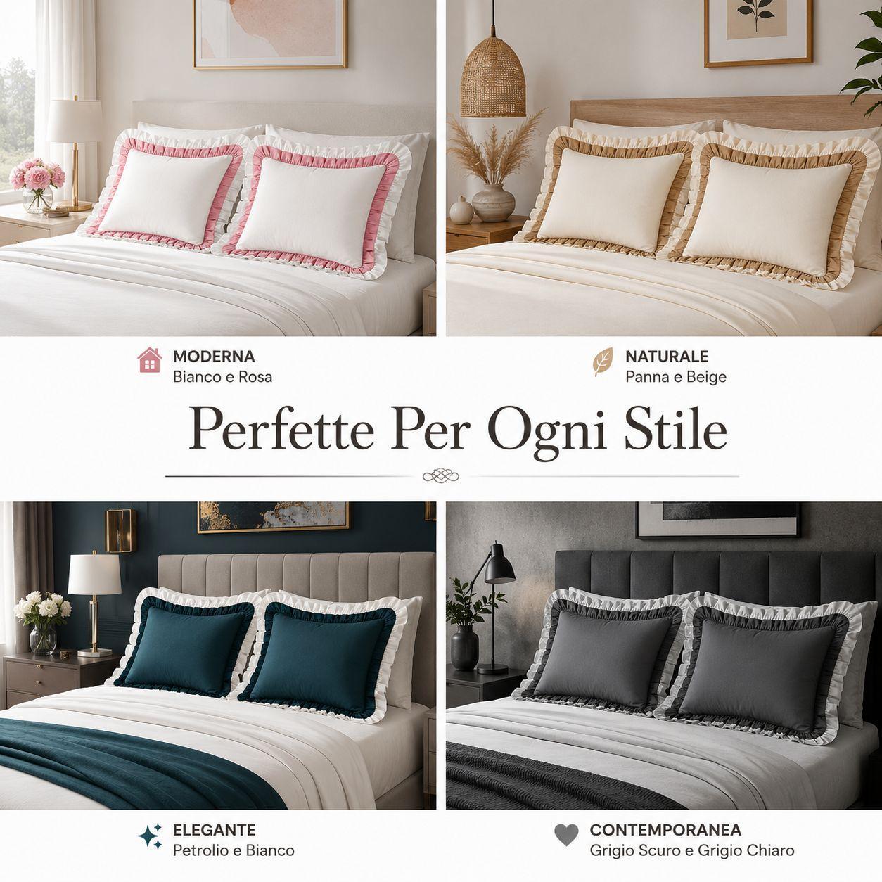 Federe con balza in contesti moderno, naturale, elegante e contemporaneo su letto
