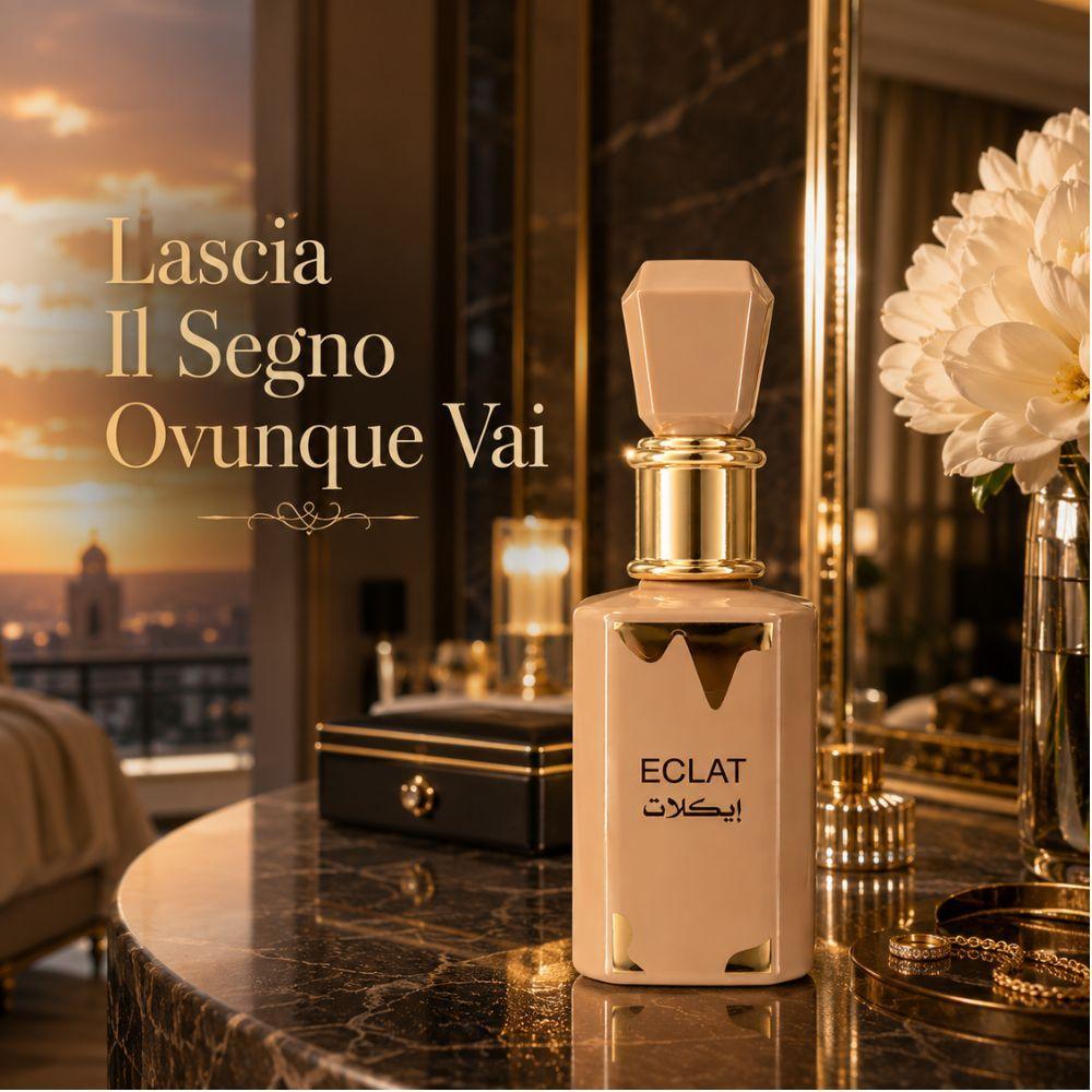 eclat eau de parfum 100 ml raffinatezza quotidiana - foto 4 Flacone Eclat su tavolo di lusso con skyline cittadino e testo 'Lascia Il Segno Ovunque Vai'