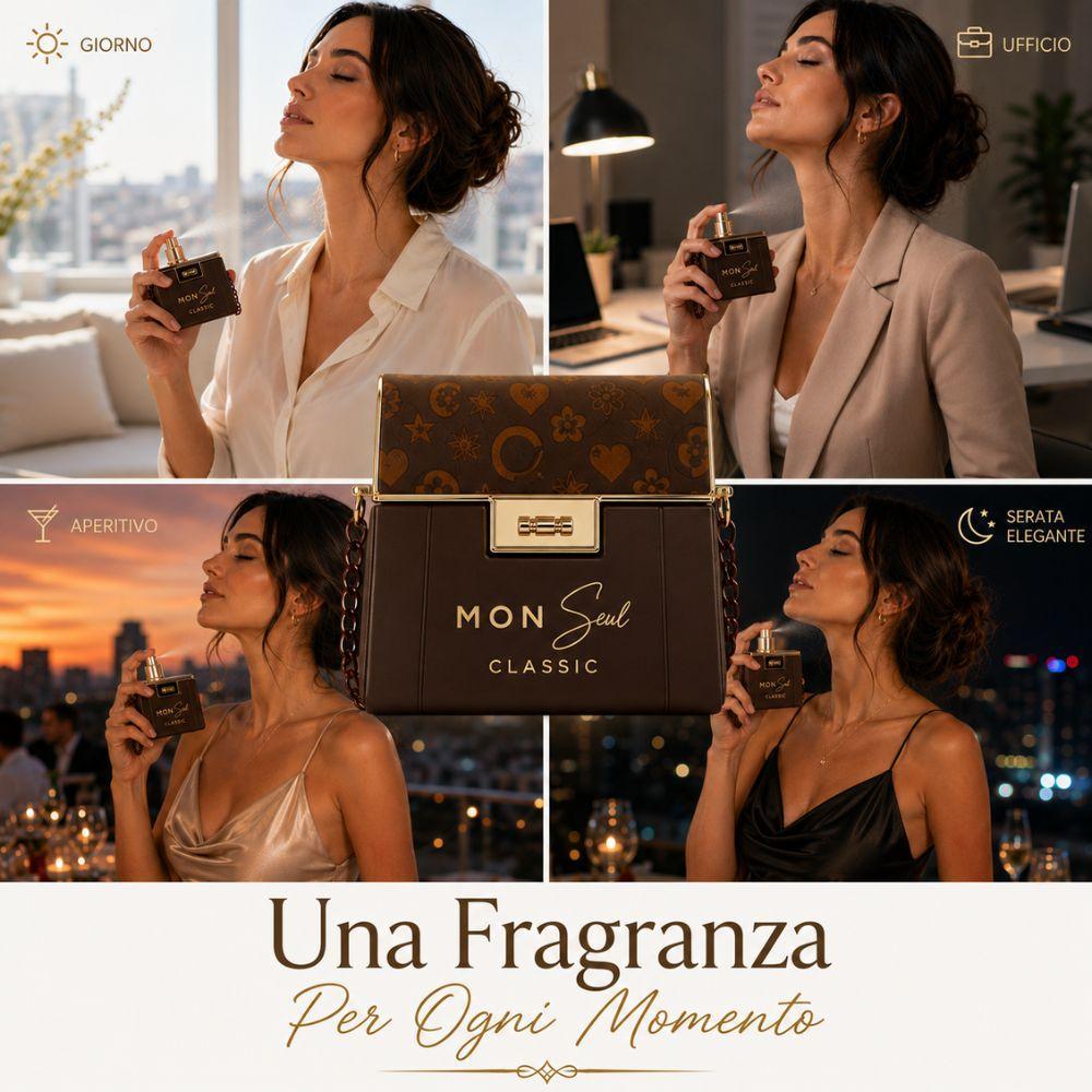 Flacone di Mon Seul Eau de Parfum 100 ml con design a forma di borsa con catena