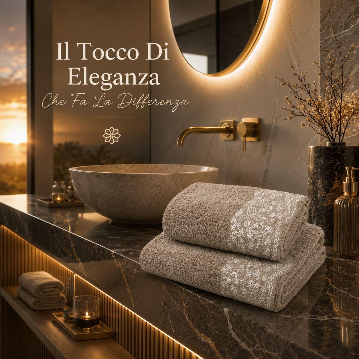 Due asciugamani piegati su ripiano di marmo in bagno con specchio illuminato