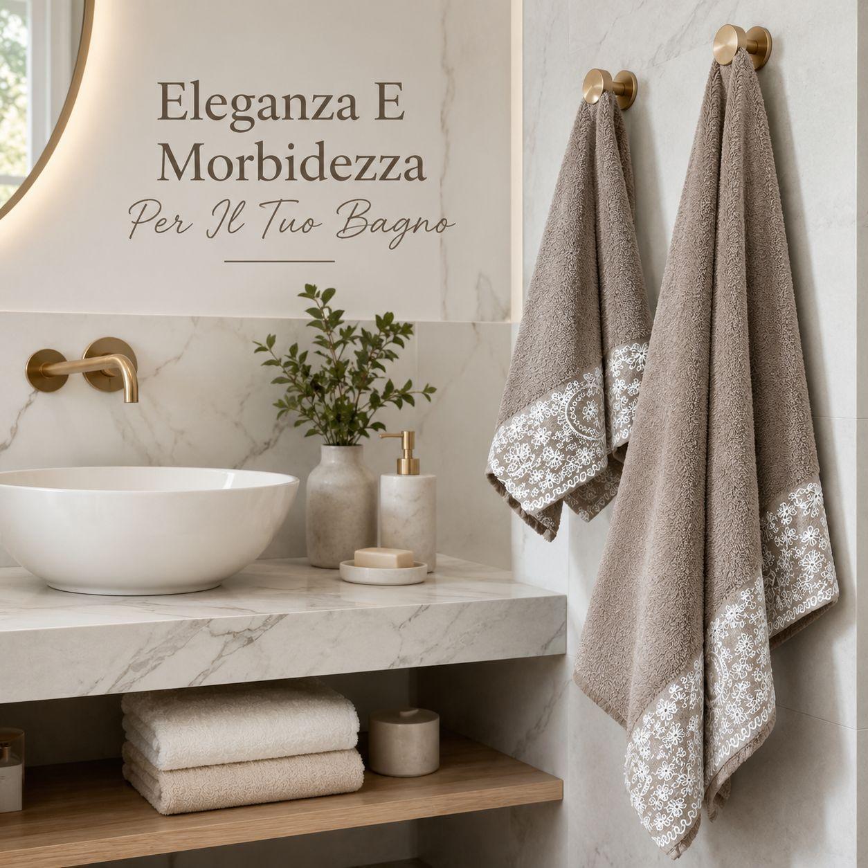 Asciugamani appesi a porta asciugamani in bagno elegante con specchio e lavabo tondo