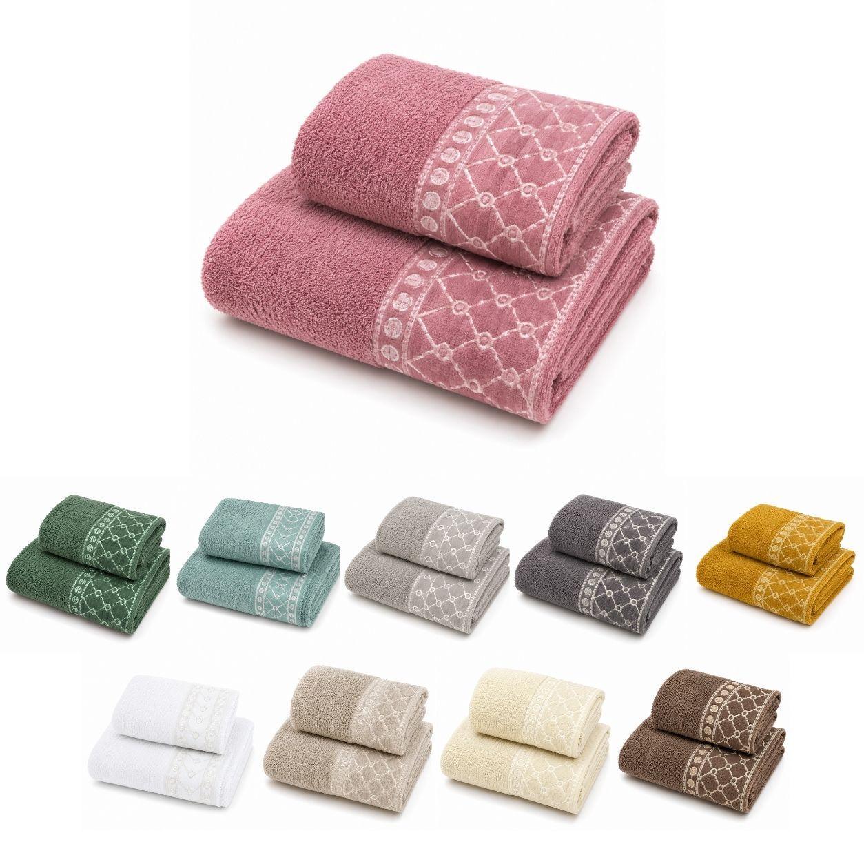 Set asciugamani spugna rosa e colori (verde, azzurro, beige, grigio, bianco, crema, marrone) con bordo jacquard