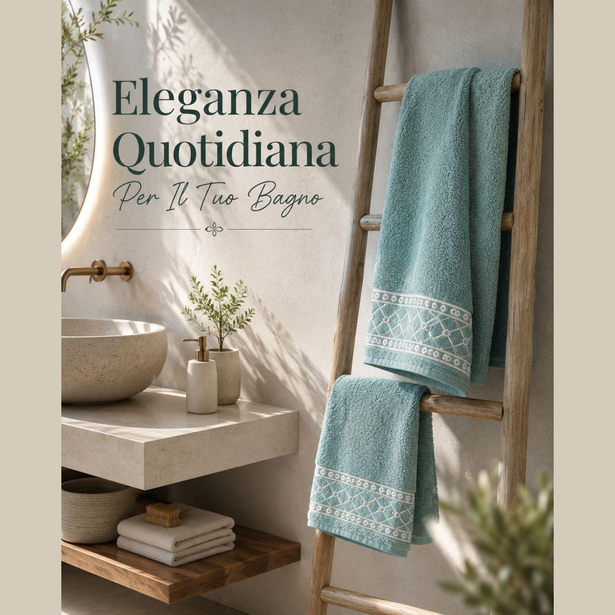 Asciugamani azzurri con bordo jacquard appesi a porta-asciugamani in legno