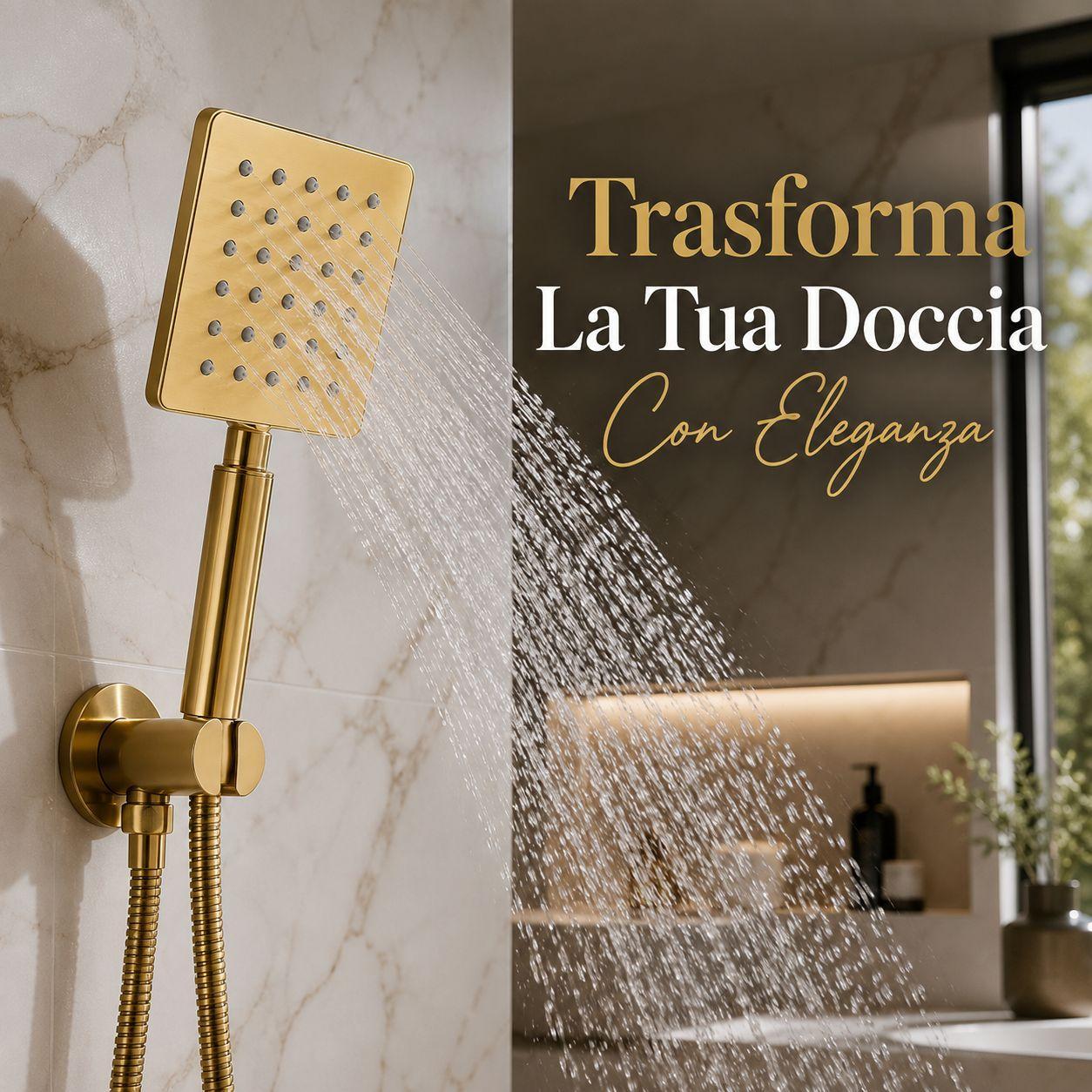 doccetta doccia quadrata oro 3 getti universale a risparmio idrico effetto pioggia massaggio - foto 2 Doccetta quadrata oro con effetto pioggia, montata in bagno su parete in marmo