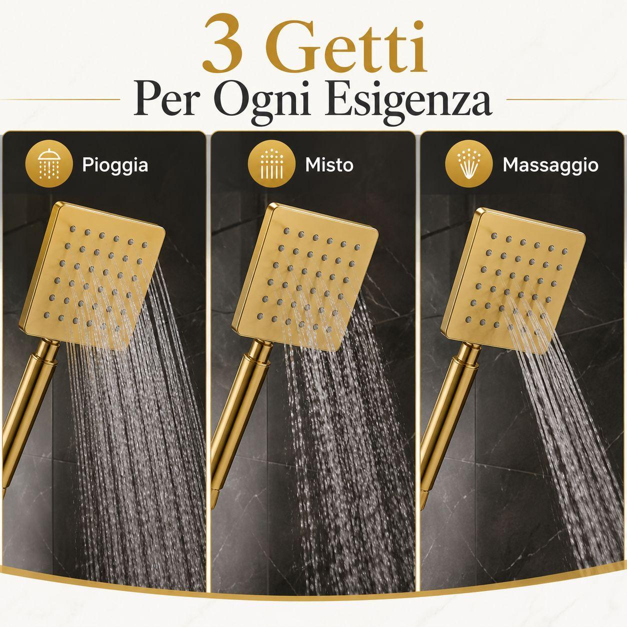doccetta doccia quadrata oro 3 getti universale a risparmio idrico effetto pioggia massaggio - foto 3 Tre modalità di erogazione: Pioggia, Misto, Massaggio - illustrazioni comparative