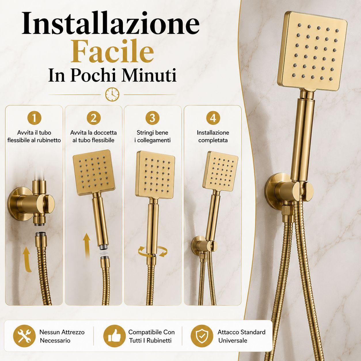 doccetta doccia quadrata oro 3 getti universale a risparmio idrico effetto pioggia massaggio - foto 4 Guida installazione doccetta: 4 step, compatibile con bracci e attacchi universali