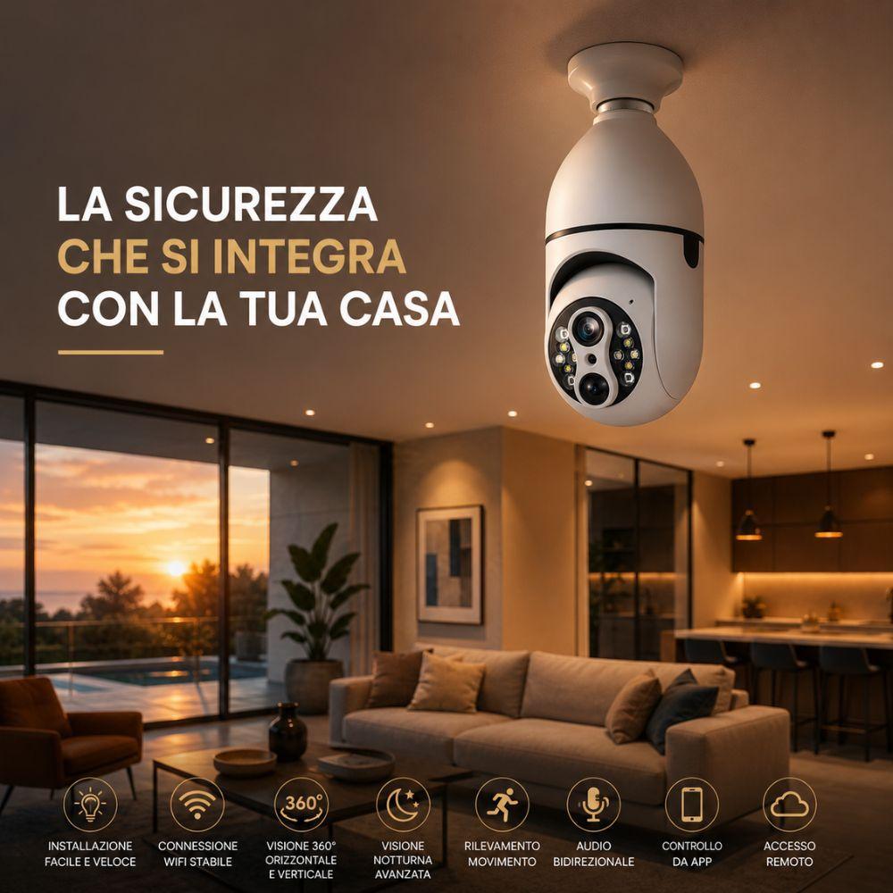 telecamera wifi a lampadina con visione notturna audio bidirezionale e controllo da app - foto 2 Telecamera montata in ambiente abitativo con sovraimpressione