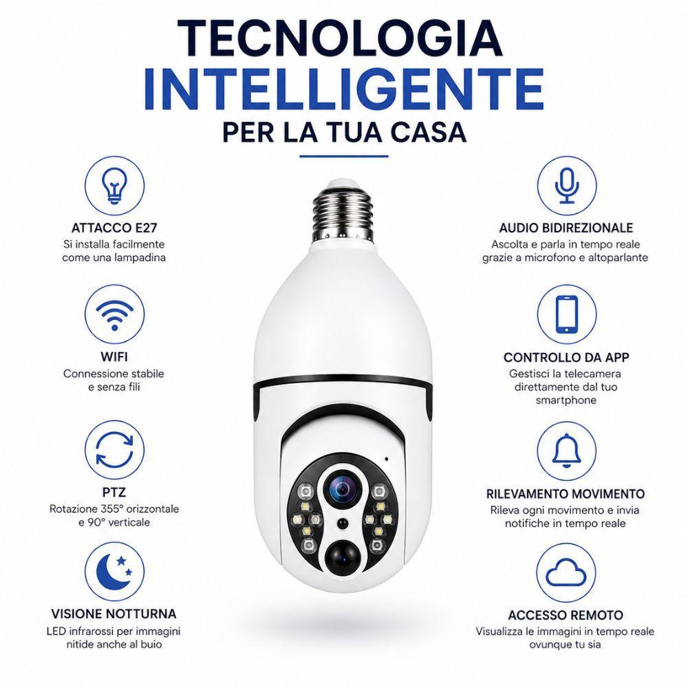 telecamera wifi a lampadina con visione notturna audio bidirezionale e controllo da app - foto 3 Schema infografico con telecamera e icone delle caratteristiche: attacco E27, WiFi, visione notturna, audio bidirezionale, controllo da app, registrazione