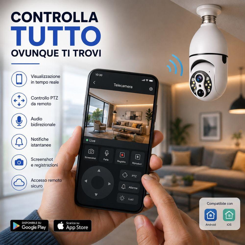 telecamera wifi a lampadina con visione notturna audio bidirezionale e controllo da app - foto 4 Smartphone con app di controllo aperta, feed video telecamera e icone funzionalità: visualizzazione tempo reale, PTZ, audio bidirezionale, notifiche, registrazione.
