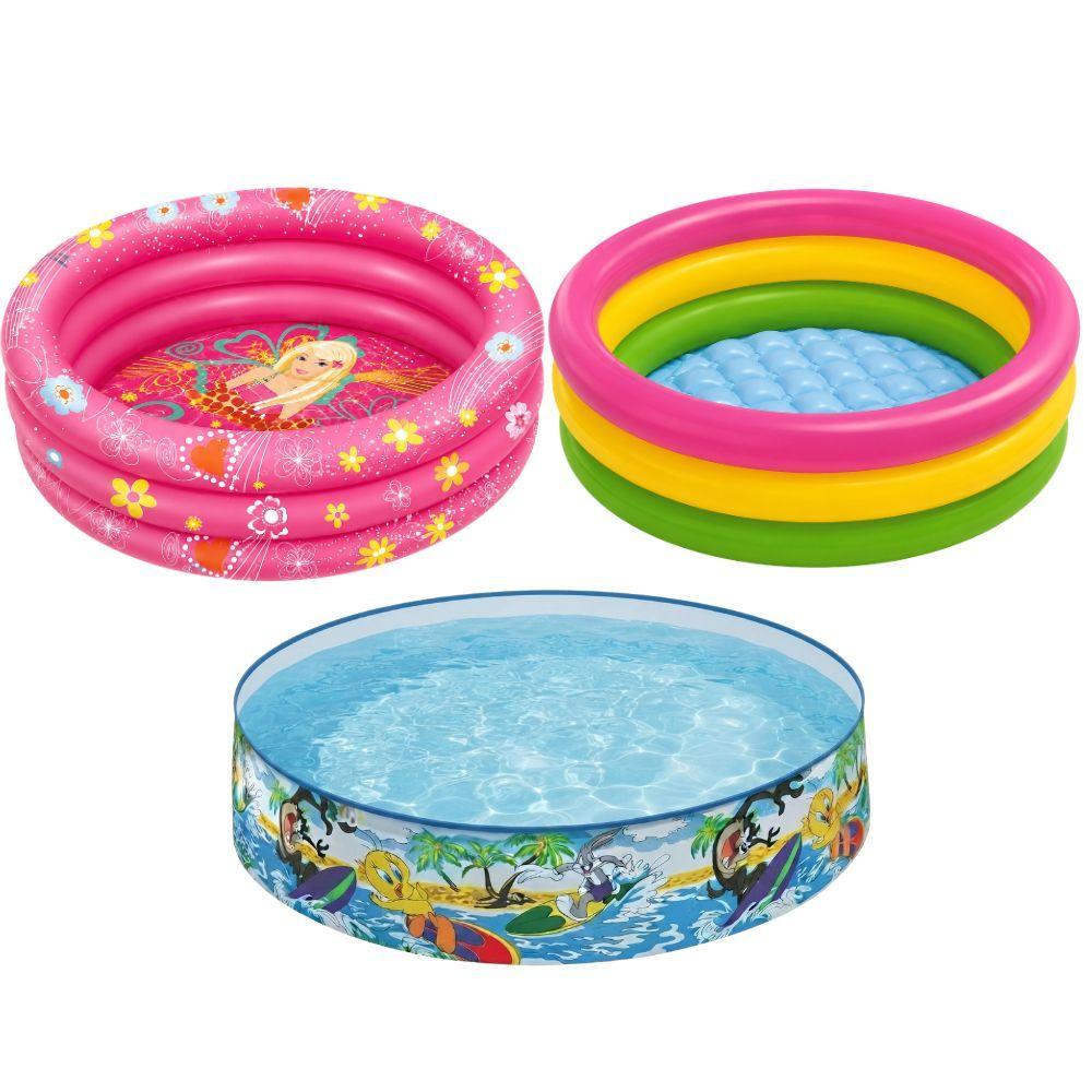 Confronto tre piscine gonfiabili: rosa con stampe, arcobaleno, blu con cartoon