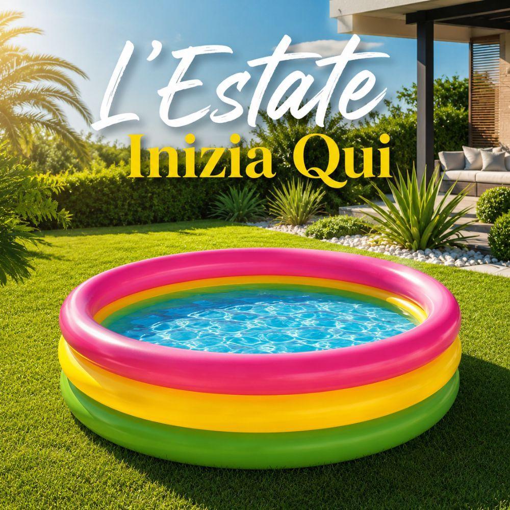 Piscina arcobaleno installata in giardino con terrazza per uso ricreativo esterno