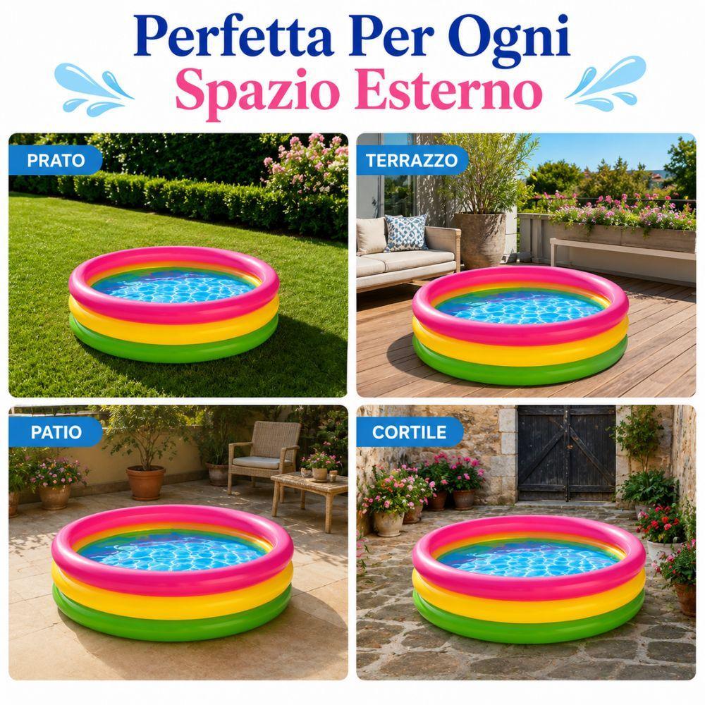 Piscina in quattro ambienti: prato, terrazzo, patio, cortile