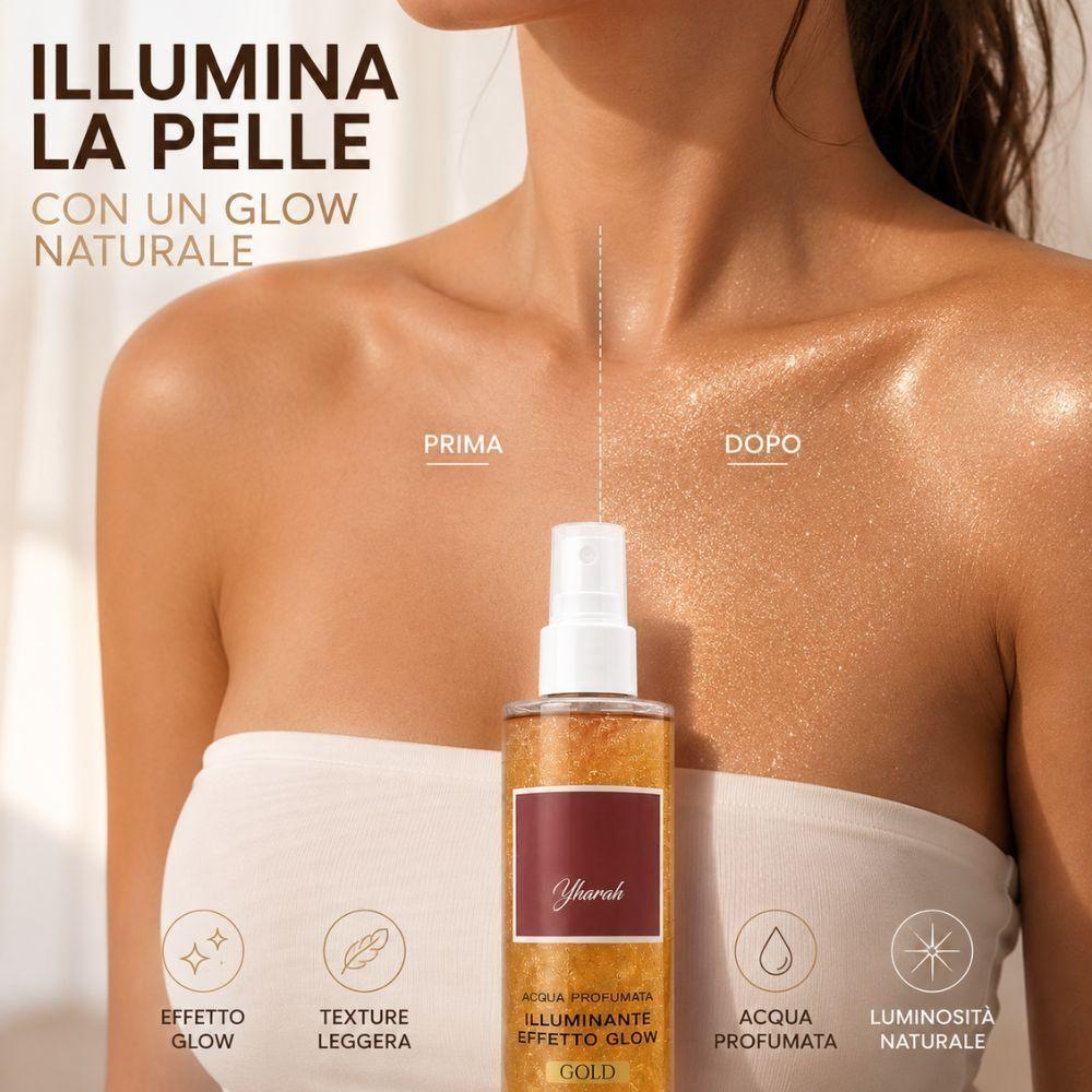 acqua profumata illuminante effetto glow 250 ml, fragranze gold e silver - foto 3 Prodotto in uso sulla pelle illuminata di donna con icone benefici: effetto glow, leggerezza e rassodanza