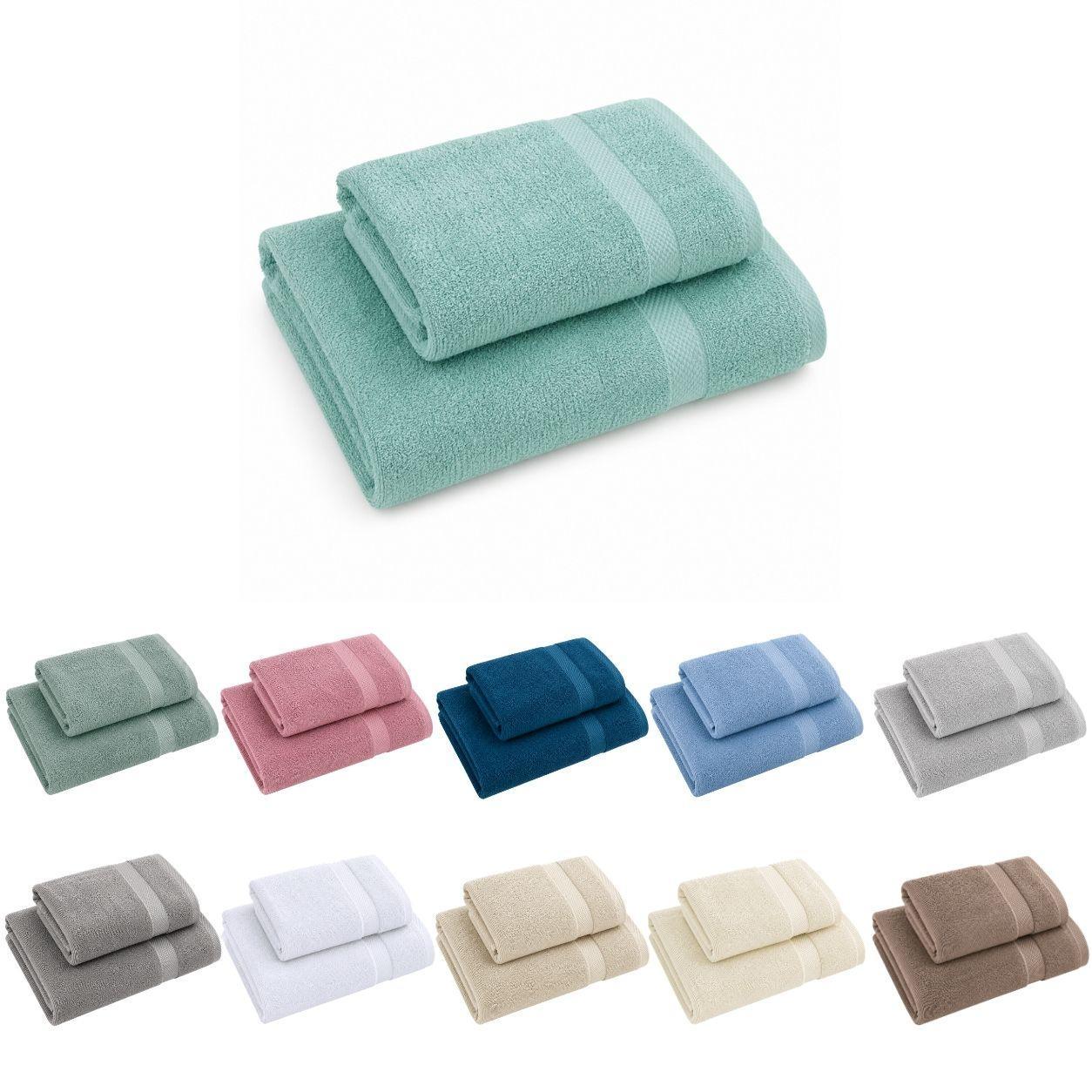 set asciugamani in spugna 2 pezzi viso 50x100 cm ospite 40x60 cm morbidi e assorbenti - foto 1 Set di due asciugamani in spugna, azzurro-verde con palette colori