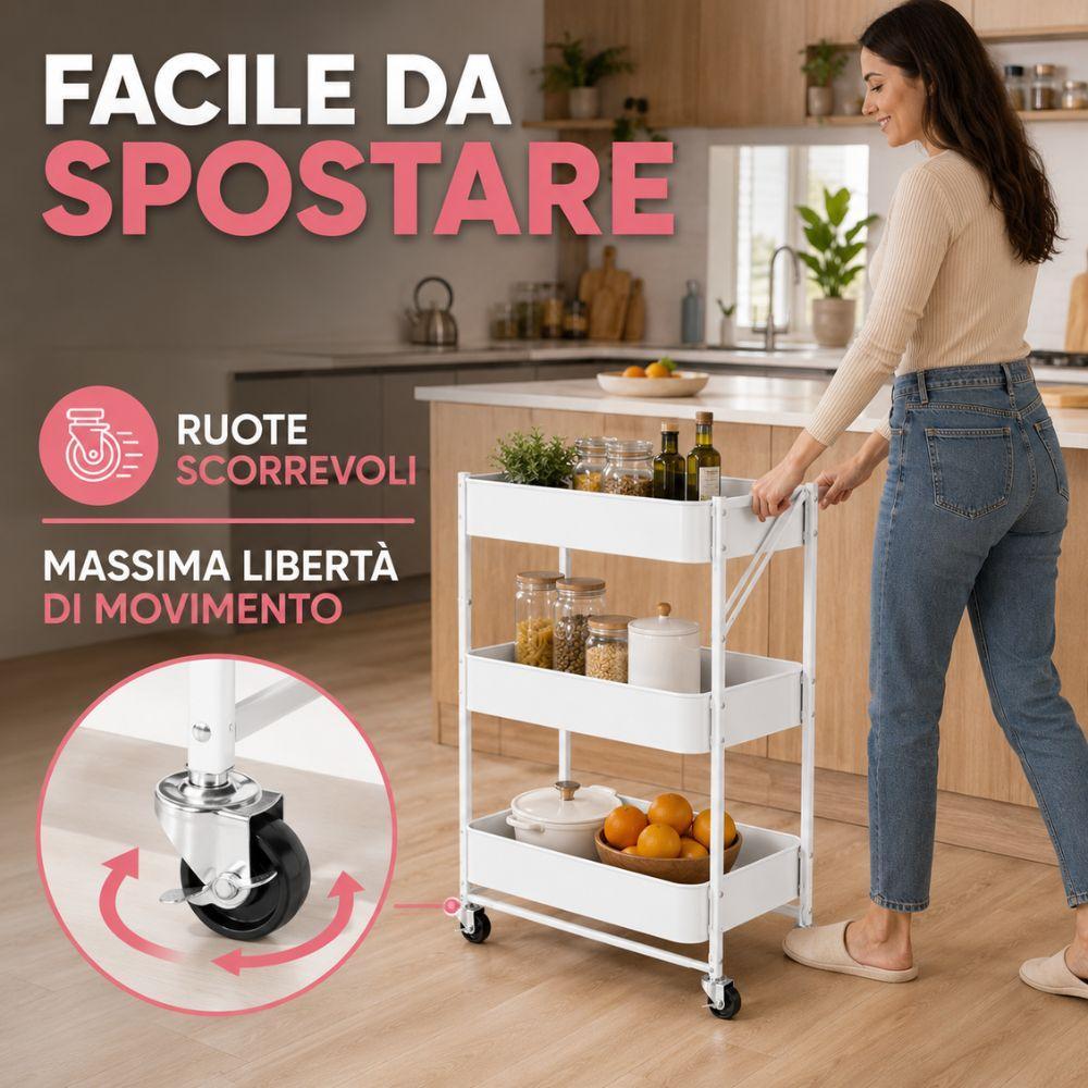 Carrello pieghevole metallo 3 ripiani con ruote, vista dettaglio struttura