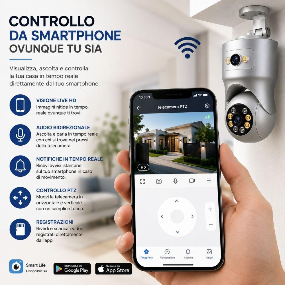 Controllo da smartphone della telecamera montata su parete con app dedicata