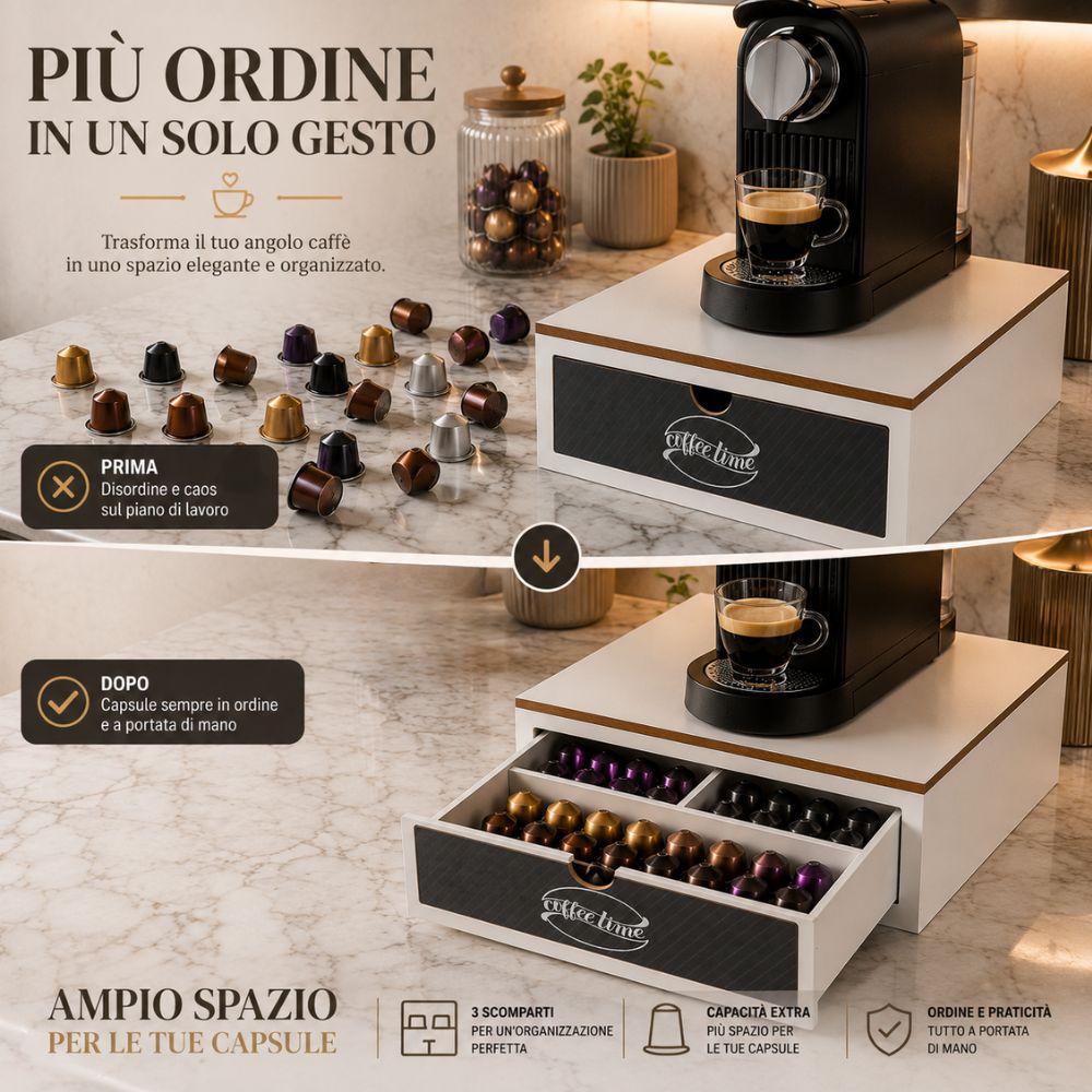Cassetto estraibile aperto con tre scomparti in legno per organizzare e contenere cialde caffè