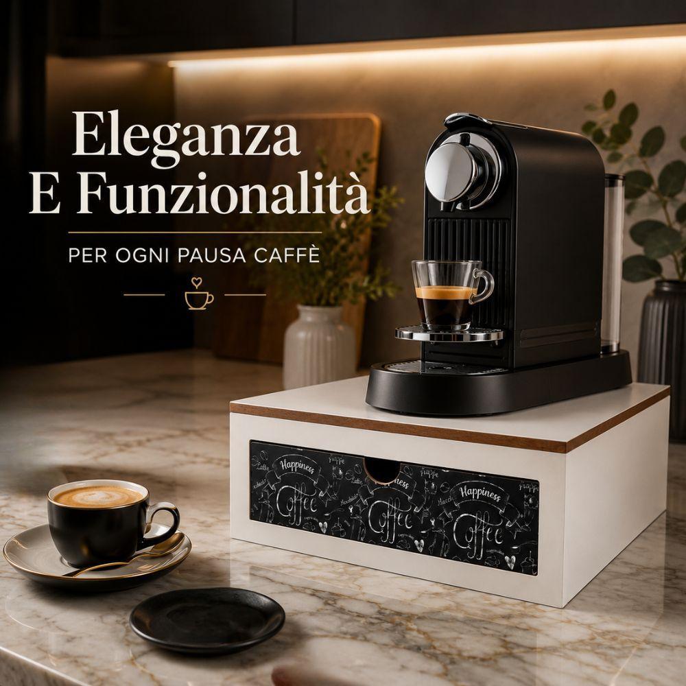 Porta cialde in legno sotto macchina caffè, cassetto con capsule organizzate, tazza e design elegante