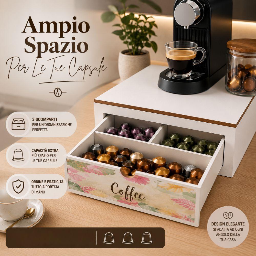 Dettaglio della porta cialde in legno con cassetto, organizzazione scomparti