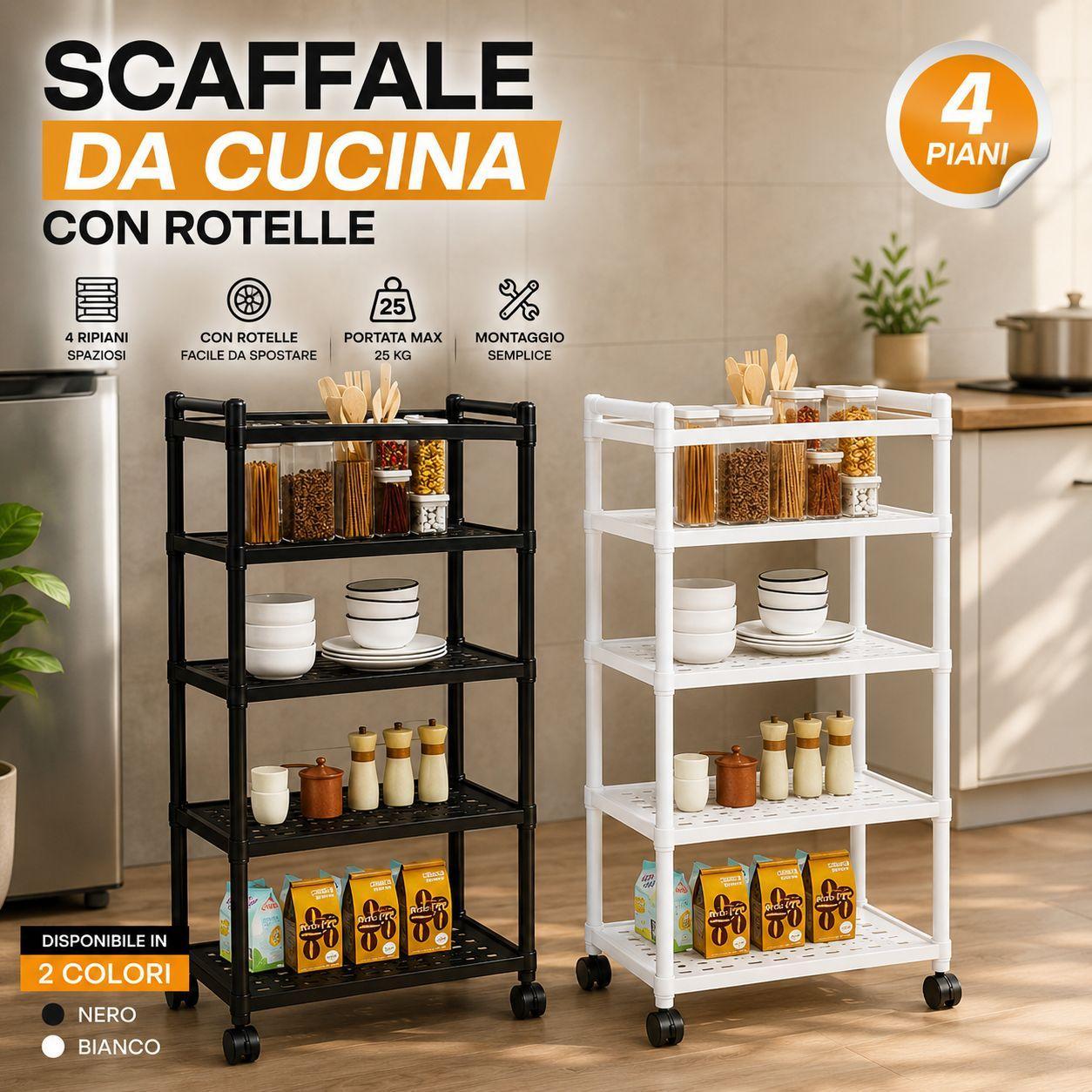 scaffale multiuso a 4 ripiani con rotelle portaoggetti salvaspazio in plastica resistente - foto 2 Scaffale con rotelle in contesto d'uso cucina, con oggetti e modelli colore
