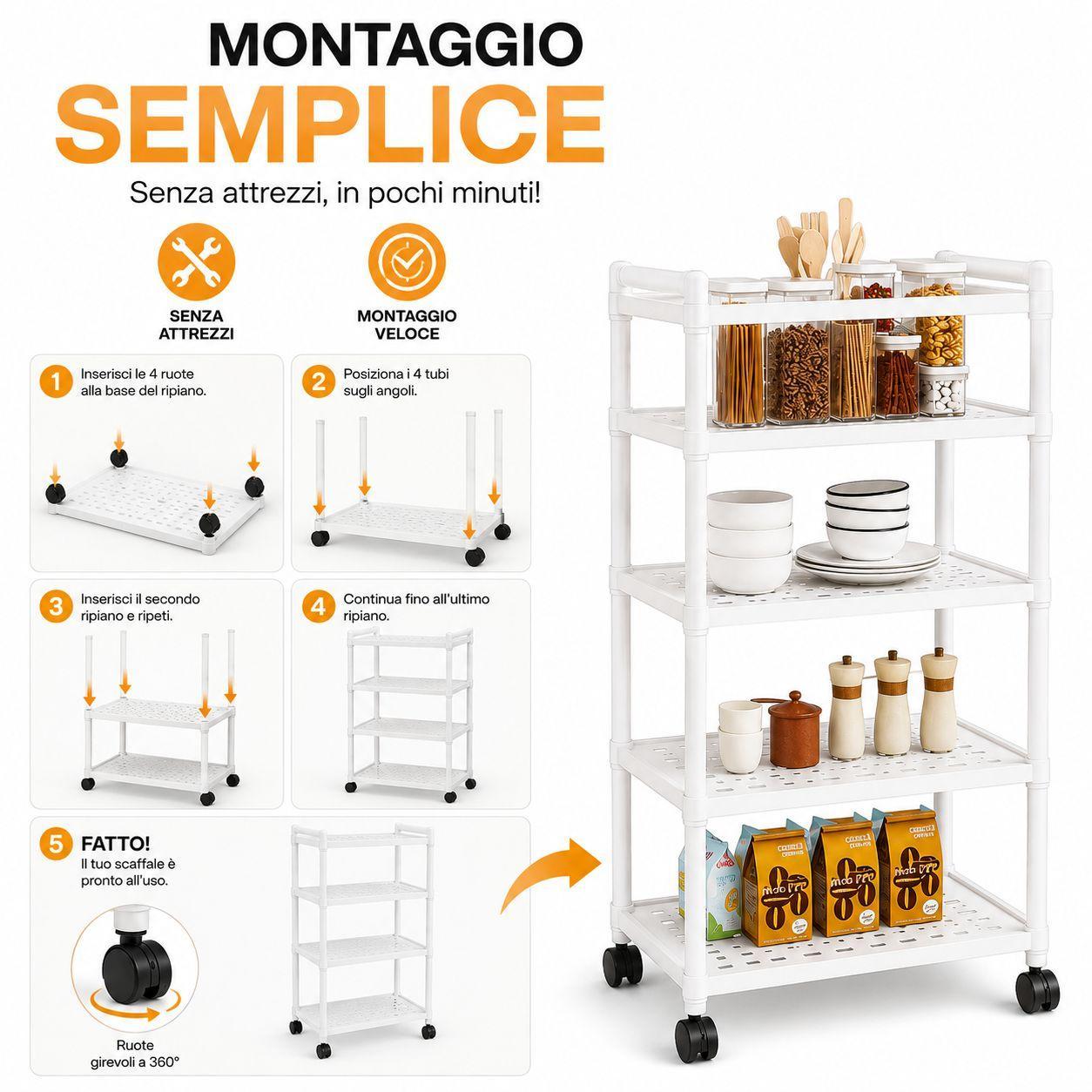 scaffale multiuso a 4 ripiani con rotelle portaoggetti salvaspazio in plastica resistente - foto 3 Guida al montaggio semplice dello scaffale con diagrammi numerati