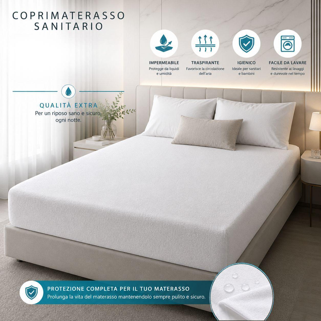 Coprimaterasso sanitario con angoli elasticizzati in tessuto assorbente