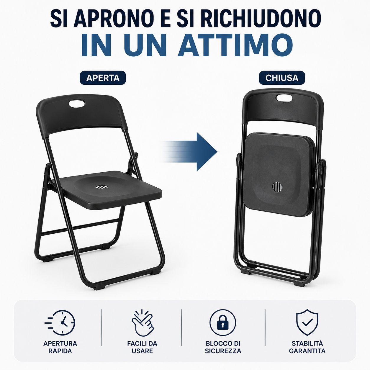 Sedia pieghevole nera in dettaglio, struttura e design salvaspazio