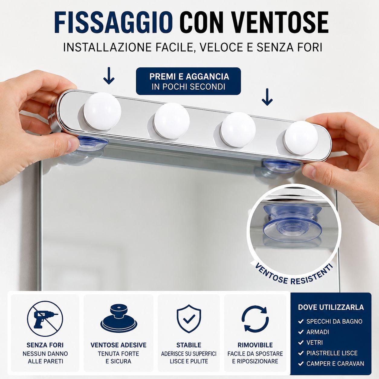  lampada led per specchio con 4 luci a batterie e fissaggio con ventose - foto 3