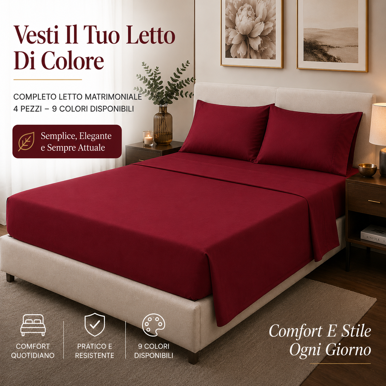  completo letto matrimoniale microfibra tinta unita set 4 pezzi con lenzuolo sopra e sotto con angoli e 2 federe - foto 2