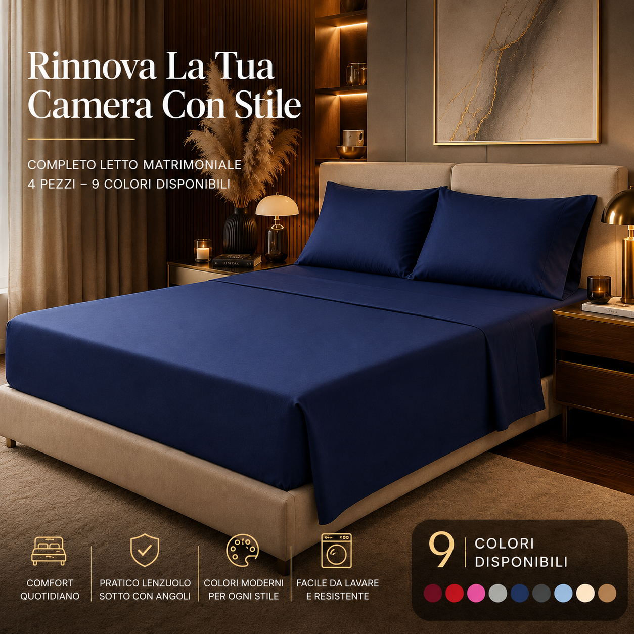  completo letto matrimoniale microfibra tinta unita set 4 pezzi con lenzuolo sopra e sotto con angoli e 2 federe - foto 3