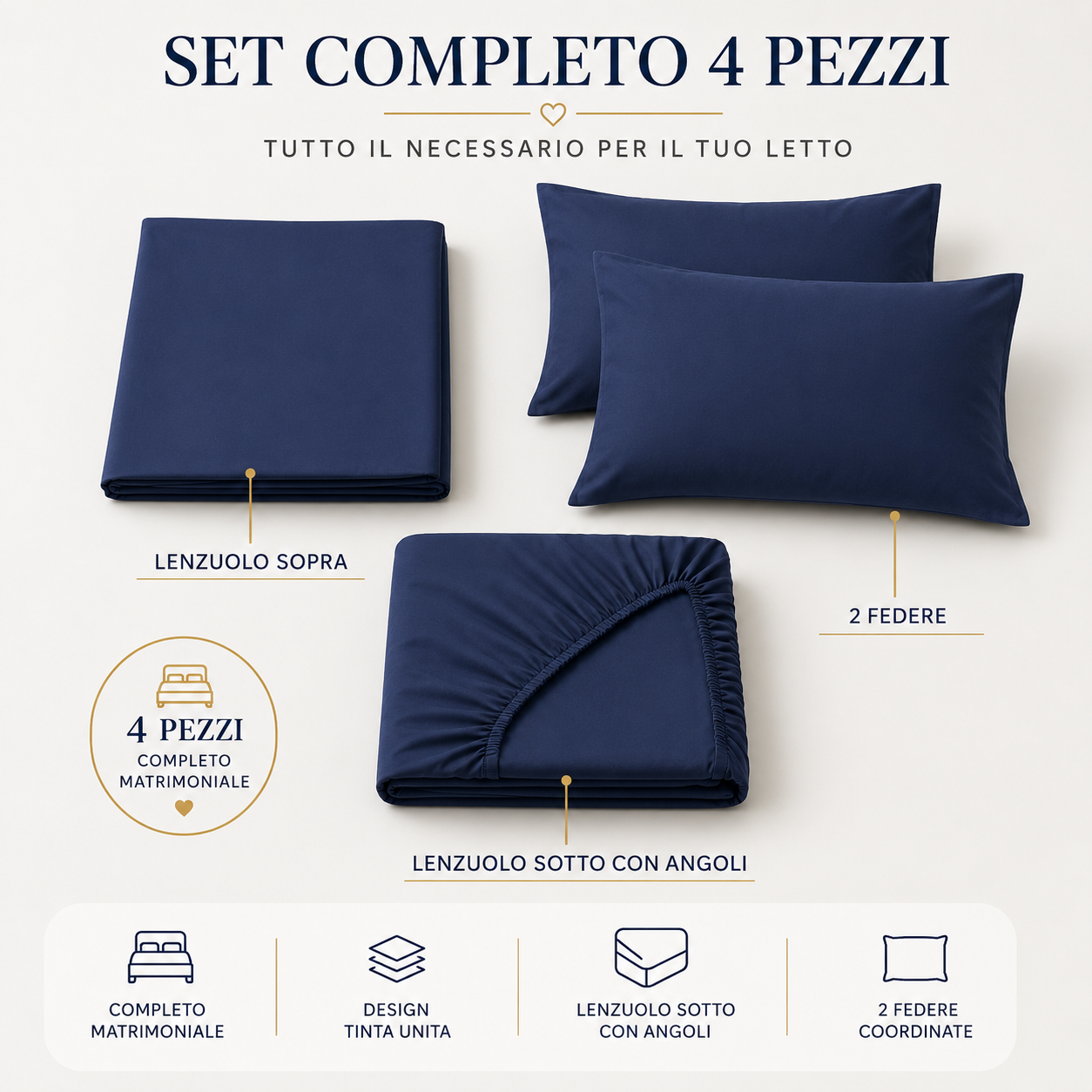  completo letto matrimoniale microfibra tinta unita set 4 pezzi con lenzuolo sopra e sotto con angoli e 2 federe - foto 5
