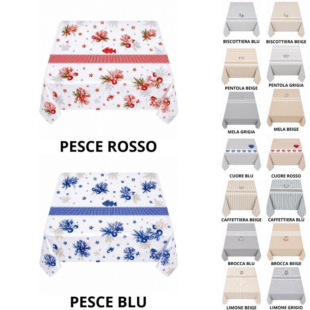 Tovaglia 6 posti, varianti rosso e blu con fantasie floreali e legenda colori sedie