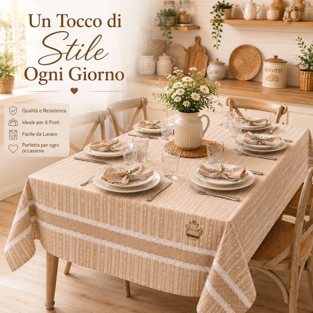 Tovaglia beige a righe in contesto d'uso con tavolo apparecchiato e icone delle caratteristiche