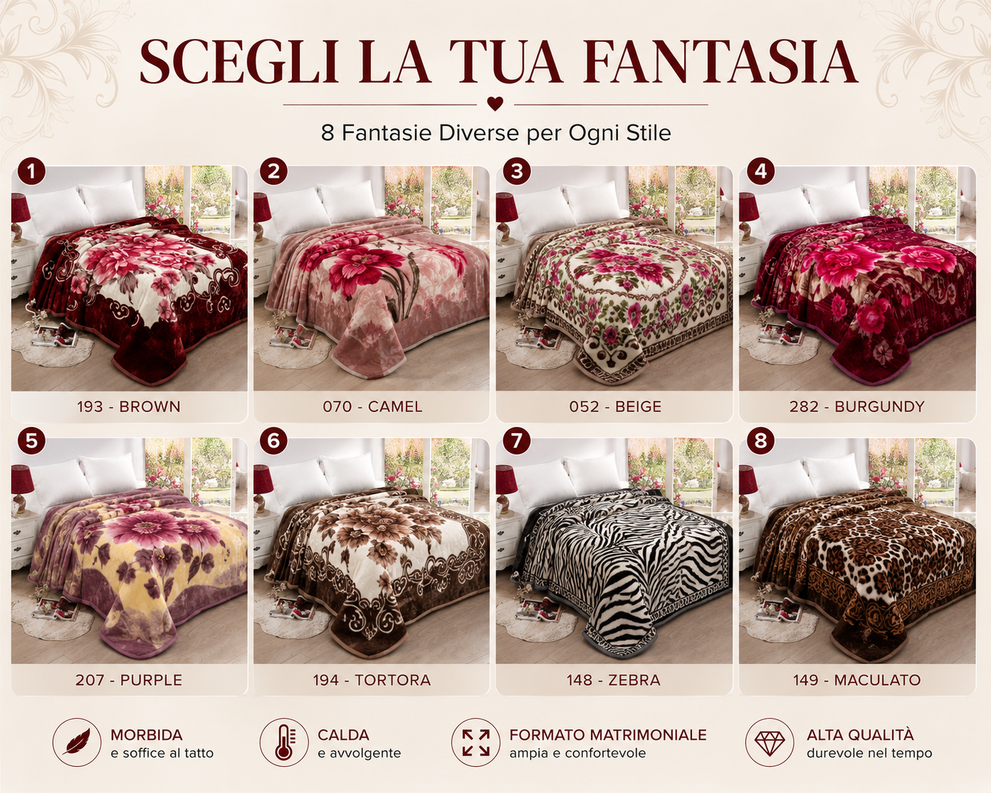 Griglia comparativa di 8 varianti disponibili della coperta matrimoniale con diverse fantasie e colorazioni