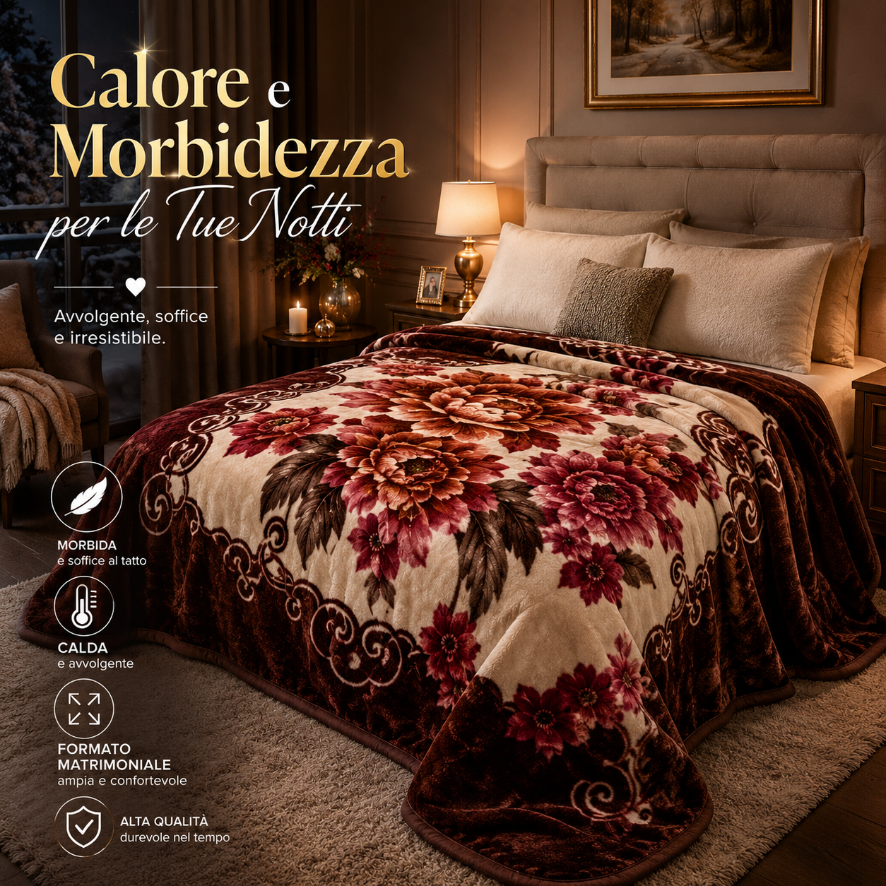 Coperta matrimoniale con fantasia floreale bordeaux e beige su letto matrimoniale in camera elegante