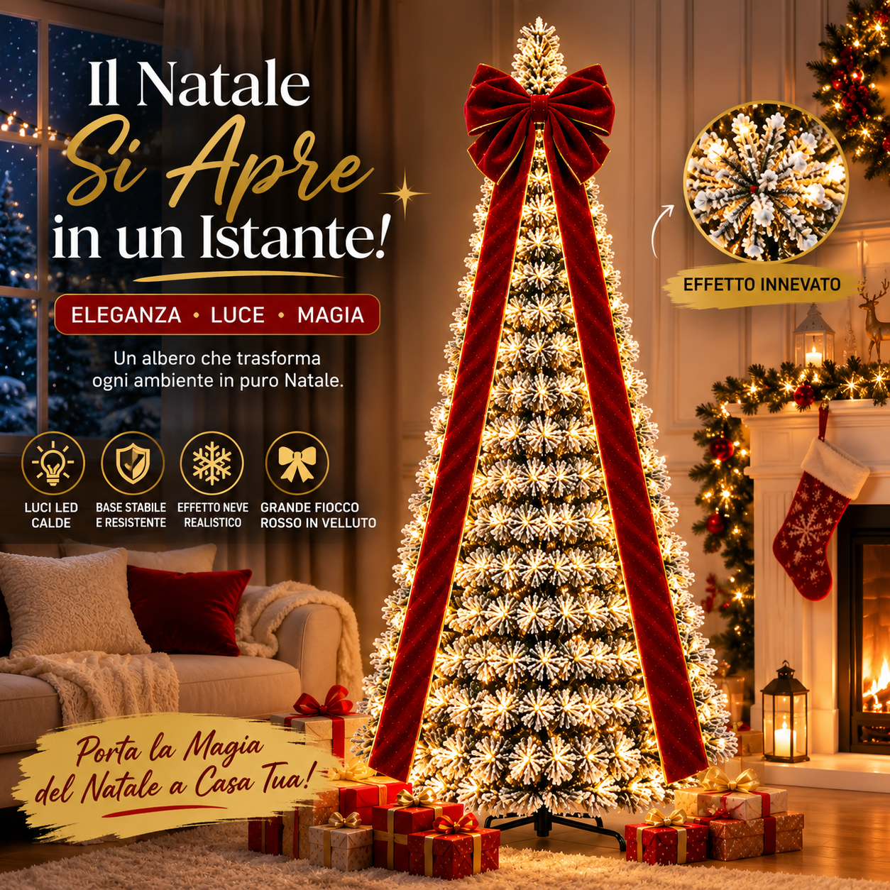 Albero assemblato in ambiente domestico natalizio con luci LED accese