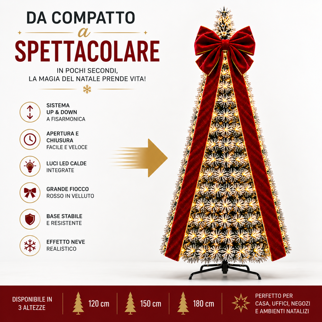 Infografica caratteristiche: sistema telescopico up e down, illuminazione LED, base stabile, fiocco rimovibile