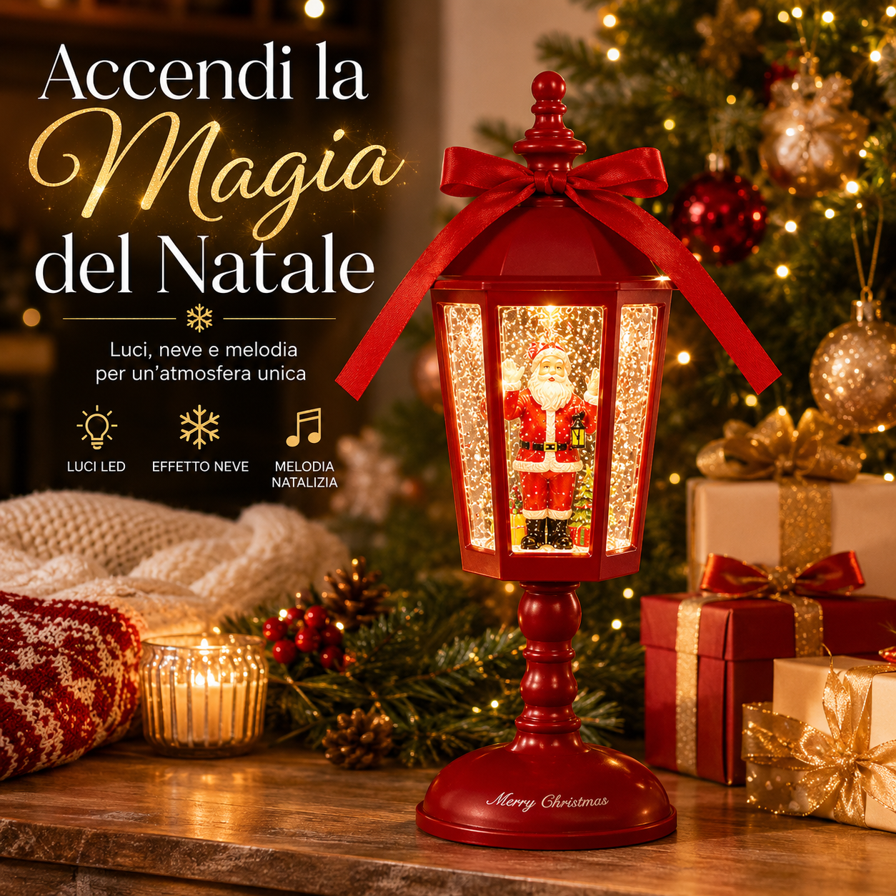  lanterna natalizia christmas santa lamp con babbo natale effetto neve luci led e musica 21 cm - foto 2