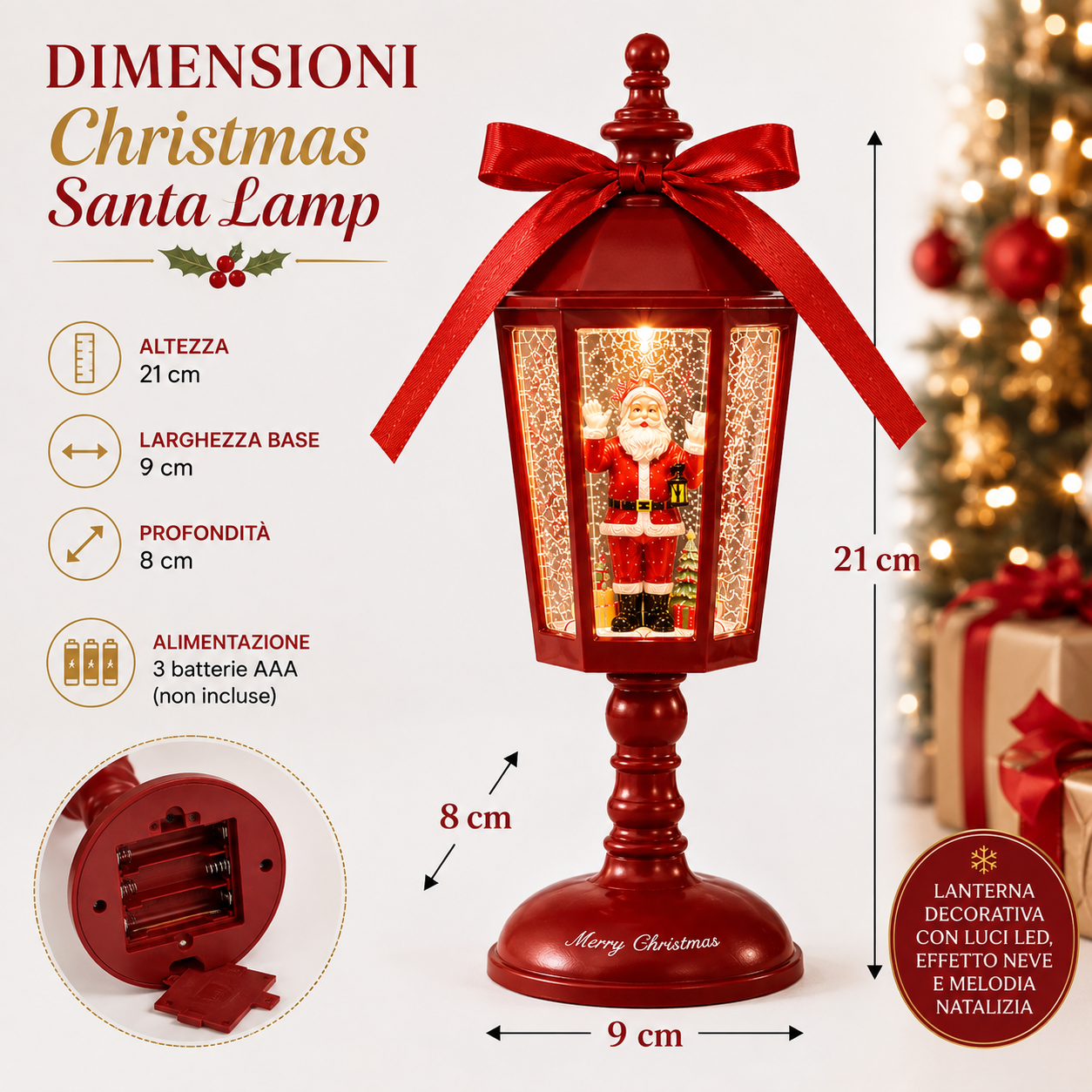  lanterna natalizia christmas santa lamp con babbo natale effetto neve luci led e musica 21 cm - foto 4
