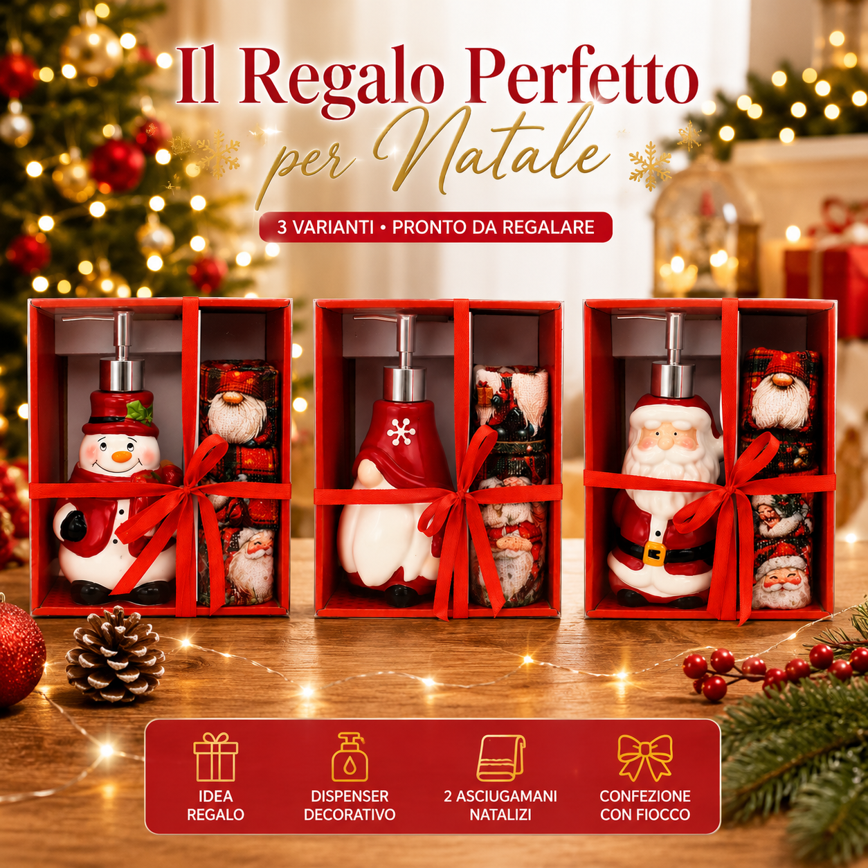  set regalo natalizio dispenser sapone con 3 asciugamani decorativi varianti babbo natale pupazzo di neve e gnomo - foto 2