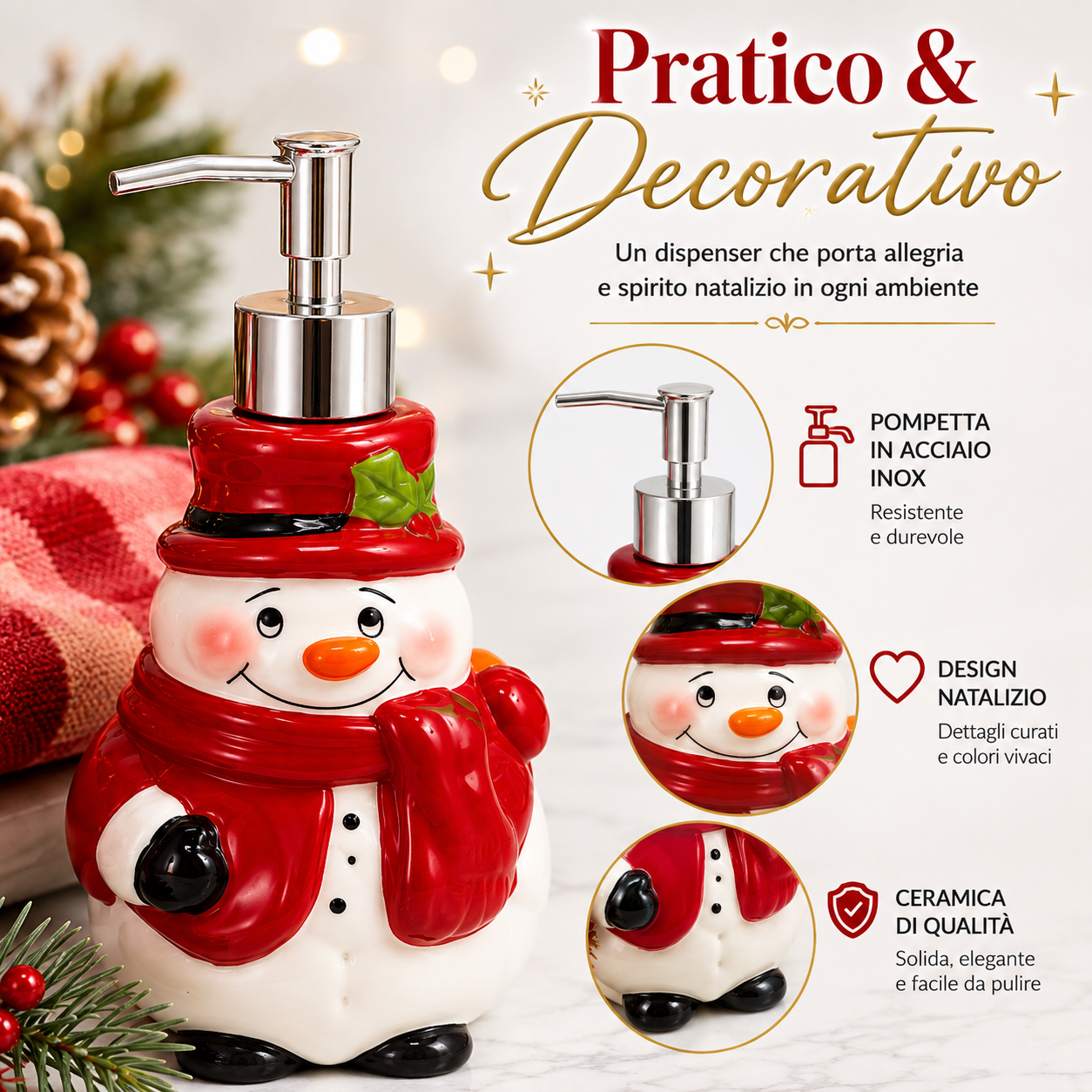  set regalo natalizio dispenser sapone con 3 asciugamani decorativi varianti babbo natale pupazzo di neve e gnomo - foto 3